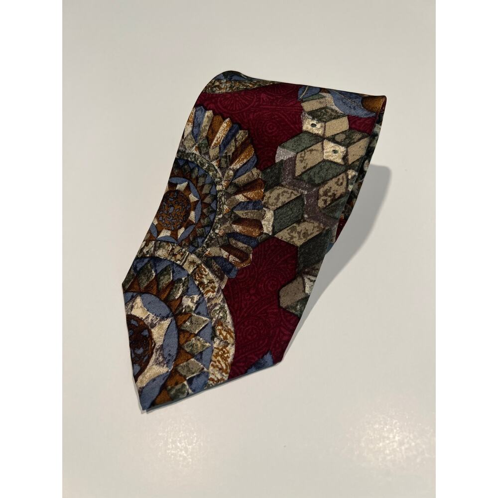 Structure Men's Necktie Imported Italian Silk Red Gold Abstract Print JL